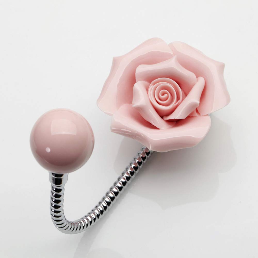 MDPLY Beautiful 3D Flower Ceramic Wall Coat Hook, Chrome Decorative Robe Hook, Scarf, Bag, Towel, Hat etc for Kitchen Bathroom Office (Rose Pink)