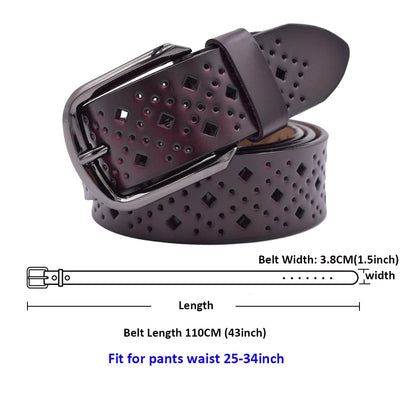 VONSELY Hollow Leather Belts for Women, Soft Leather Womens Belts with Pin Buckle (1.5" Wide Coffee)