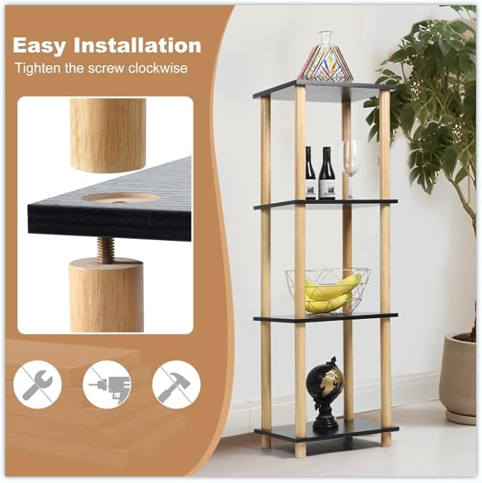 Haeterna 4-Tier Black Bookshelf, Wooden Bookcase with Open Shelves, for Small Spaces,Living Room Bedroom Office,No-Tool Assembly,11.8" D x 14.1" W x 47.2" H inches.