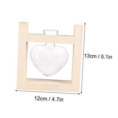 CONGARTENO Heart Vase Hydroponics Planter with Wooden Rack Glass Flower Container for Indoor Greenery Temperature-Resistant Glass Terrarium for Tulips Roses and Branches Decorative Plant