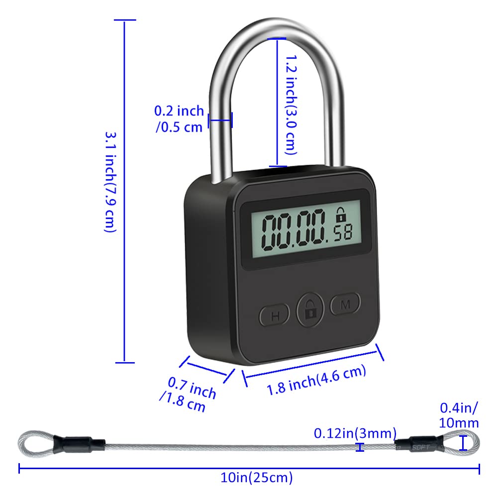 Metal Timer Lock, LCD Display Multi-Function Electronic Time, 99 Hours Max Timing, USB Rechargeable Timer Padlock (Black)