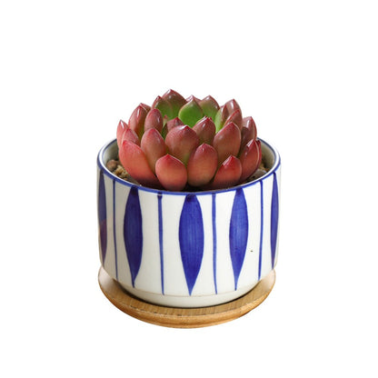 GeLive 3 Inch Ceramic Succulent Planter, Cactus Plant Pot, Flower Container with Bamboo Drip Tray, Indoor Outdoor, Set of 2 (Wave and Blue Flower)