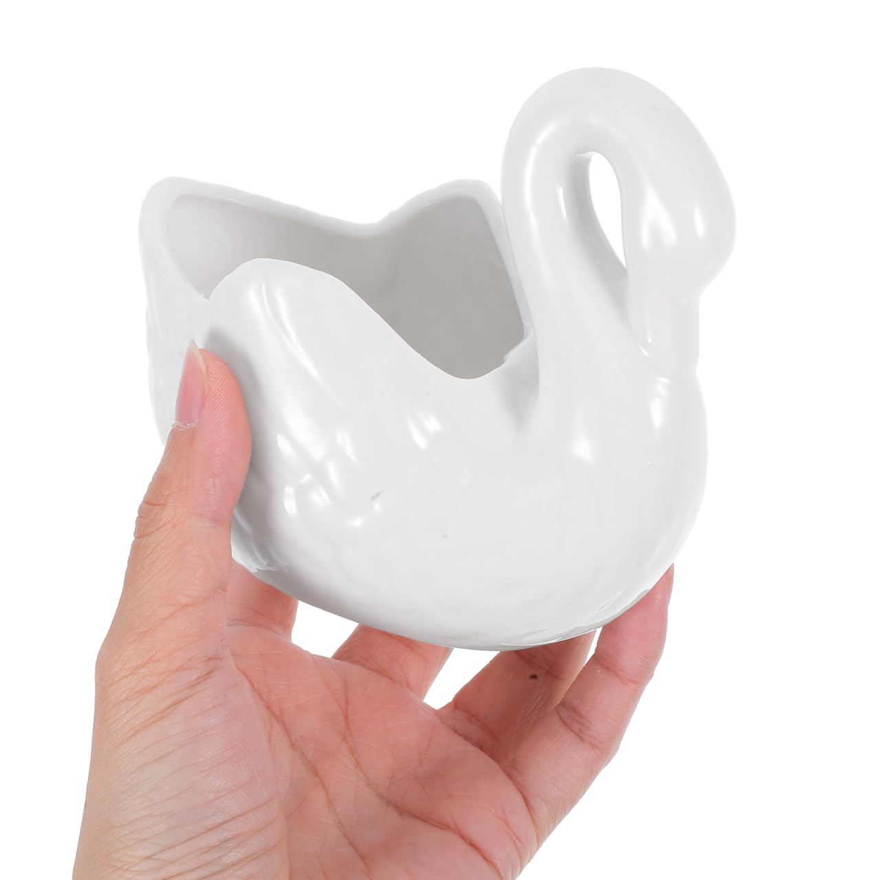 Yardwe Lovely Swan Ceramic Flowerpot with Drain Hole, White Porcelain Planter for Succulents, Decorative Plant Pot for Home and Office, 4.4 X 2.36 X 3.77 Inch