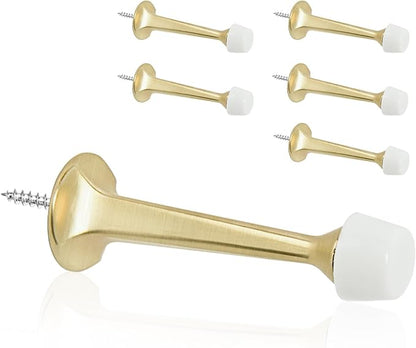 6 Pack Gold Solid Rigid Door Stops - Heavy Duty Door Stoppers Wall Protector with Soft Rubber Tips, Brushed Brass