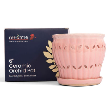 rePotme 6 inch Pinwheel Fluted Ceramic Plant Pot (Cream Over Cotton Candy) - Includes Free 6 inch Slotted Pot Liner - Great for Orchids, Succulents, and All Indoor Plants