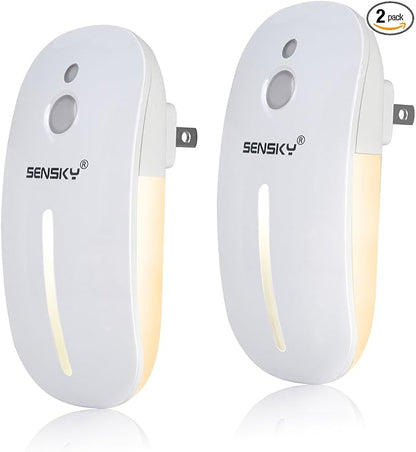 Sensky Plug in Night Light - 2 Pack Dimmable 3500K Warm White LED with Auto Dusk to Dawn Sensor and Dual Front Back Lighting - for Bedroom Bathroom Kitchen Hallway Stairs Home Decor Lamp