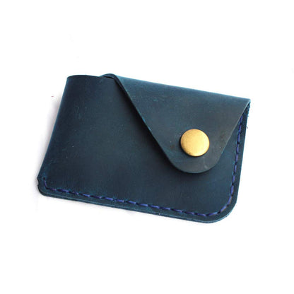 Handmade Leather Card Holder with Snap Closure - Ultra-Thin Minimalist Front Pocket Wallet, Hand-Stitched Genuine Leather Simple Card Case for Men & Women(Blue)