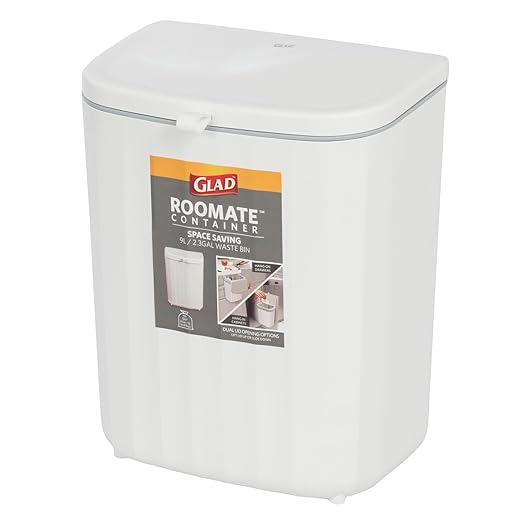 Glad Roomate Under Counter Waste Bin | Space Saving Small Trash Can for Kitchen Cabinet, Bathroom or Office | Dual Lid for Ease of Opening, 9 Liter, White