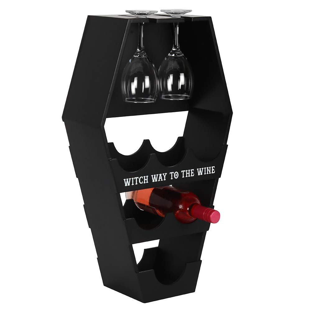 Ebros Gothic Graveyard Creepy Oddity Witches and Vampire Black Coffin Casket Wine Glasses and Bottles Rack Display Shelf Stand MDF Wood Dead Alchemy Home Office Room Accent