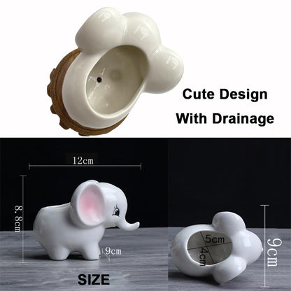 BEECO GIF2U Cute Ceramic Planter Pots,Planters for Indoor Shallow Houseplants Flower and Succulent with Drainage Holes and Wood Tray for Decoration Elephant