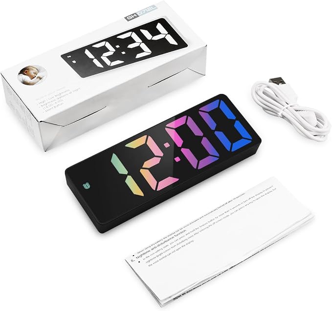 AMIR Digital Alarm Clock Large Display, LED Alarm for Bedroom, USB/Battery Powered Bedside Alarm Clock with Snooze, 12/24H, 3 Adjustable Brightness, Temperature, Desk Clock for Home, Office, Colorful