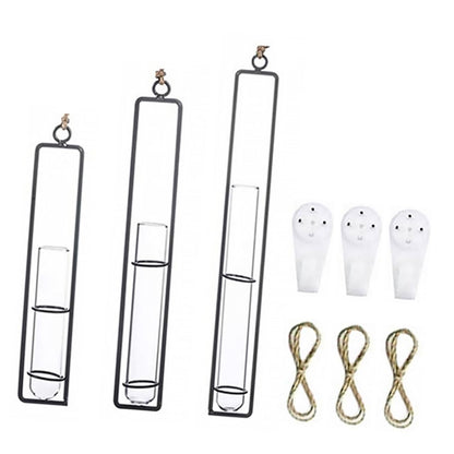 BESTonZON Wall Hanging Hydroponic Glass Test Tube Flower Vase Set with Iron Frame Plant Propagation Tubes for Home Garden Decoration Includes 3 Hemp Ropes and 3 Adhesive Hooks