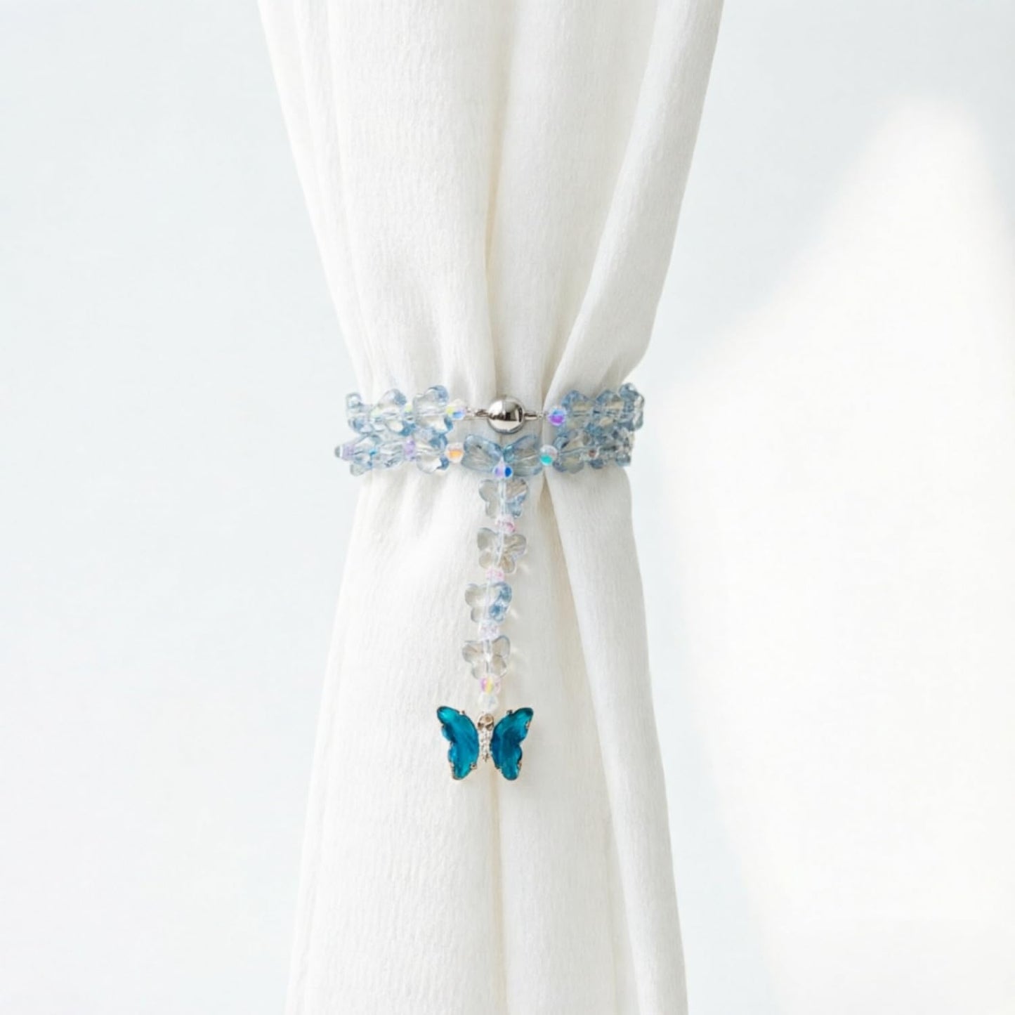 Magnetic Curtain Tiebacks, 2 Pack Crystal Butterfly Beaded Pendants Draperies Holdbacks for Window Home Office Decor (Blue)