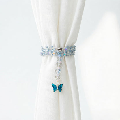 Magnetic Curtain Tiebacks, 2 Pack Crystal Butterfly Beaded Pendants Draperies Holdbacks for Window Home Office Decor (Blue)