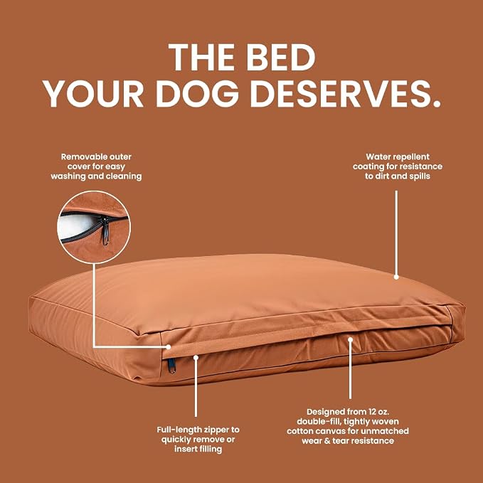 WHITEDUCK Outdoor Dog Bed Heavy-Duty 12oz Canvas, Water-Repellent Cotton, Machine Washable Removable Cover with Full-Length Zipper, Dog Bed for Large Dogs & Crate, (Brown) 28" Lx20 Wx4.3 th (S)