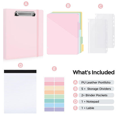 SKYDUE Small 3 Ring Binder with Clipboard, 8" × 10" PU Mini 1 Inch Binder with Notepad, 5 Dividers, and Labels, Clipboard Folder Great for School Office(Fit Half Letter Sized Paper)