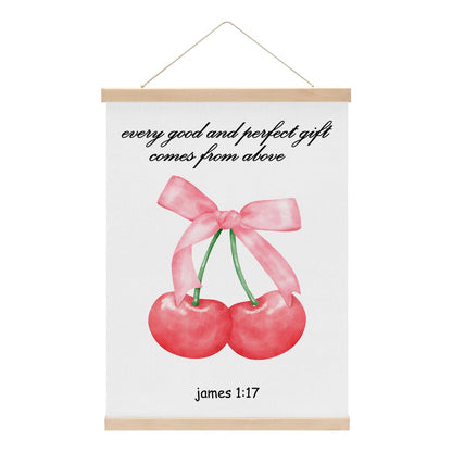 Cherry Bathroom Wall Decor Poster Hanger, Bow Cherry Wall Hanging Banner, James 1:17 Christian Art Framed, Bible Verse Decor for Bathroom Home Bedroom Living Room, Gifts for Women Friend family