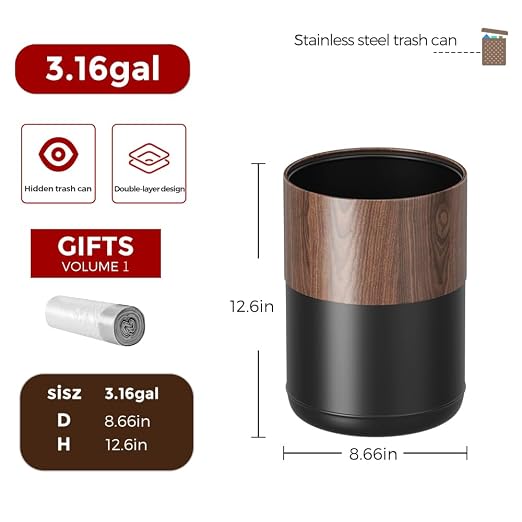 3.1GAL Modern Metal Waste Bin with Realistic Wood Texture,Built-in Bag Holder,Open-Top Trash Bin for Bathroom,Home,Office,Living Room (3.1gal Round)