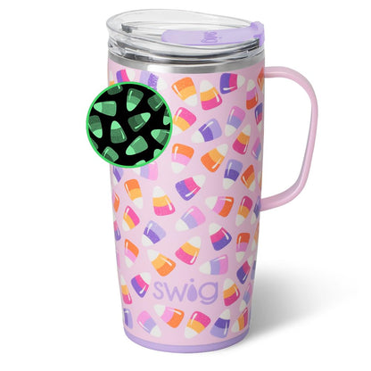 Swig Life 22oz Travel Mug, Halloween Insulated Tumbler with Handle and Lid, Travel Coffee Mug, Cup Holder Friendly, Stainless Steel 22 oz Tumbler, Reusable Insulated with Lid (Candy Corn)