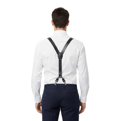 Voolup Leather Suspenders for Men Y-Back Adjustable with 4 Metal Clips Genuine Brown Wedding Groomsmen Gift (Black)