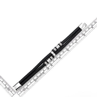 COOLSTEELANDBEYOND Men's Black Double Braided Leather Bracelet With Stainless Steel Barrel Beads, Layered Wristband With Clasp, Modern Minimalist Wrist Jewelry