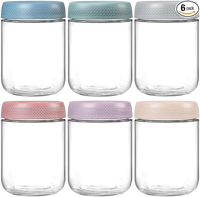 Overnight Oats Containers with Lids, 6 Pack Wide-Mouth Glass Food Storage Jars, 16oz Mason Jar Style Containers Perfect for Yogurt, Oatmeal, Fruit, Snacks and Meal Prep