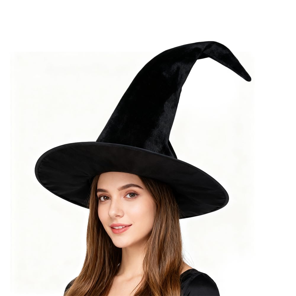 QINYIER Halloween Black Witch Hat for Adult Women, Velvet Hat with Extra Tall Size and Extended Brim, Adjustable and Secure Shape, Cosplay Costume Accessories for Party