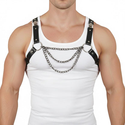 Pfylinqo Men's Sexy PU Leather Chest Harness with Metal Chains, Adjustable Punk Gothic Body Harness for Cosplay Halloween, Festival & Nightclub Outfits