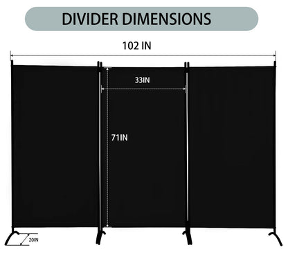 Room Divider 3-Panel Privacy Screen, Portable Screen Steel Frame with Hook&Loop for Home, Office, Classroom, Studio, Meeting (Black