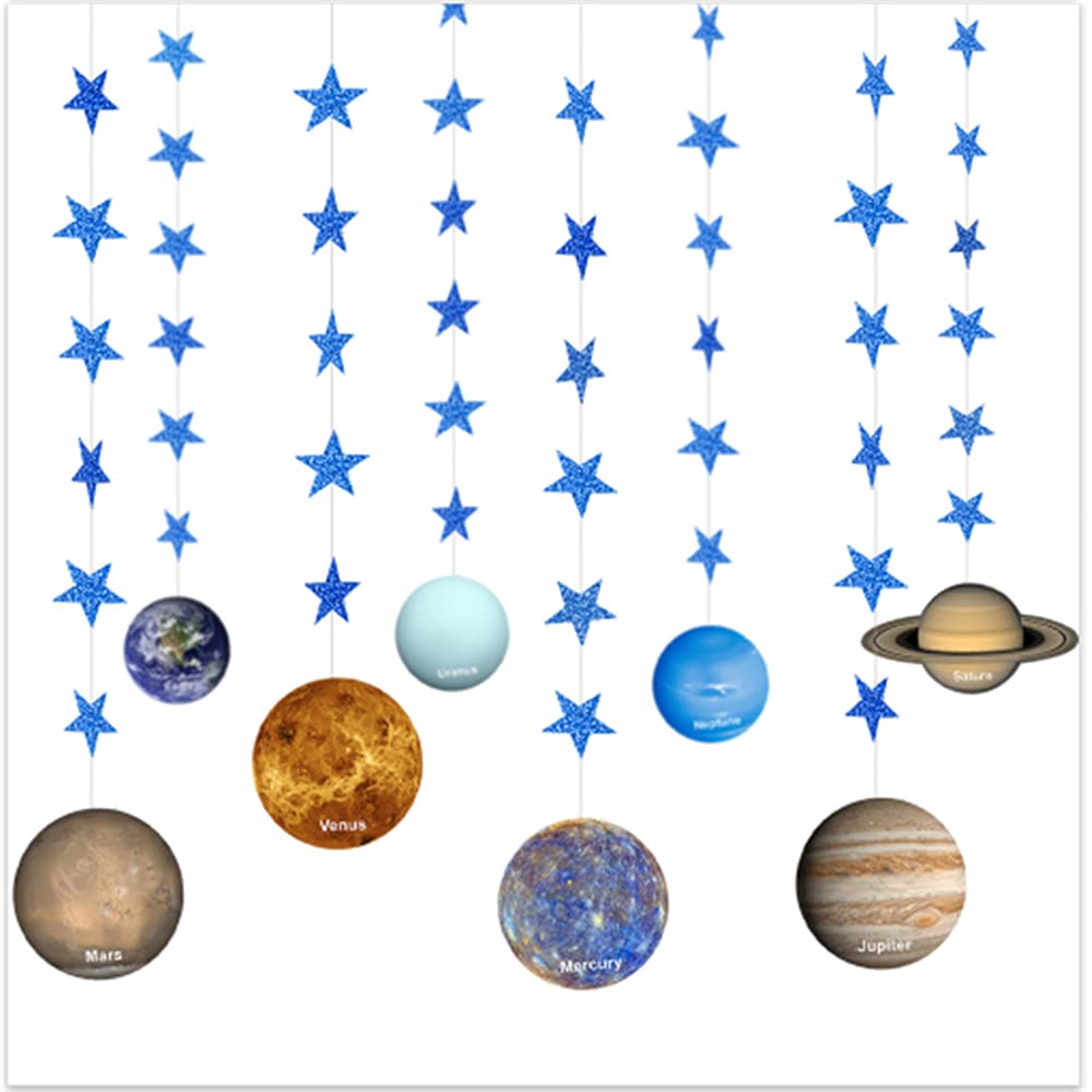 Galaxy Solar System Hanging Paper Decoration (8 Strings X 4.3ft), Outer Space Paper Garland Flower Party Streamers, Plant with Blue Star Hanging for Kids Bedroom Decor，Birthday PartySupplies
