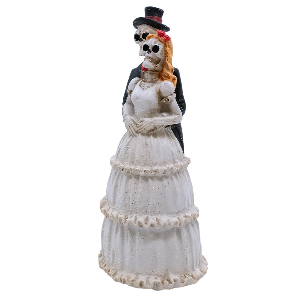 VILLAGE GIFT IMPORTERS Skeleton Bride and Groom | Halloween Wedding Couple | Groom in Top Hat and Suit | Bride in Bridal Gown with Red Hair | Home Décor for Halloween and Day of the Dead