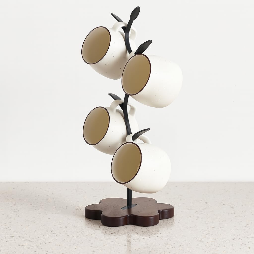 Bellglee Mug Tree for Coffee Cups – Rustic Mug Holder Stand with 4 Hooks, Countertop Cup Rack for Coffee Bar & Kitchen Organization