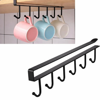 Under Cabinet Mug Holder 2 Pack, 6 Hooks Under Shelf Mug Organizer, Heavy Duty Metal Coffee Cup Holder Rack for Kitchen Cabinet, Space Saving Hanging Storage