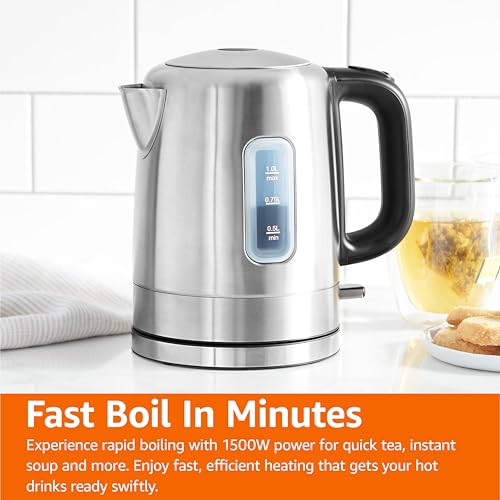 Amazon Basics Electric Stainless Steel Kettle for Tea and Coffee, BPA-Free, Fast Boiling, Auto Shut-Off, 1.1 Quarts, 1500W, Black and Silver