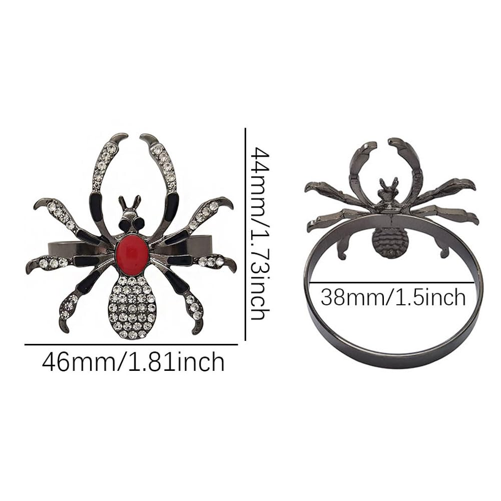 Halloween Napkin Rings Set of 6, Black Spider Napkin Ring with Rhinestones, Decorative Serviette Buckles Metal Holder for Cloth Napkins, Party Table Decor Banquet Birthday Holiday Daily Use