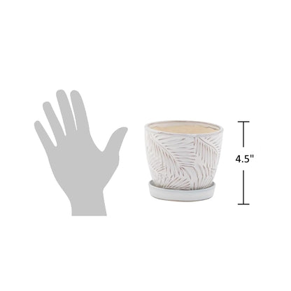 The Bridge Collection - 4.5" White Plant Pot with Drainage Hole and Saucer – Textured Palm Leaf Design - for Indoor or Outdoor Use - Home and Garden Decor