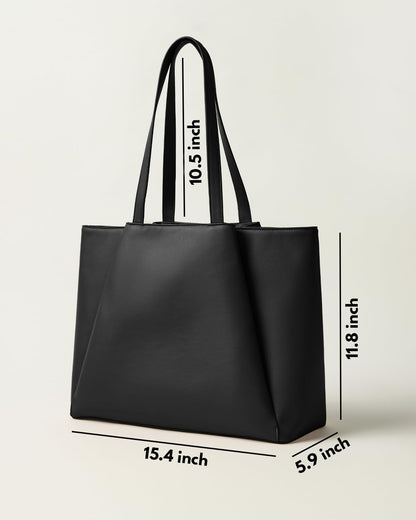 Laptop Tote Bag for Women 15.6 Inch - Large Work Bags with Zip Compartments - PU Leather Office Purse Computer Briefcase - Black