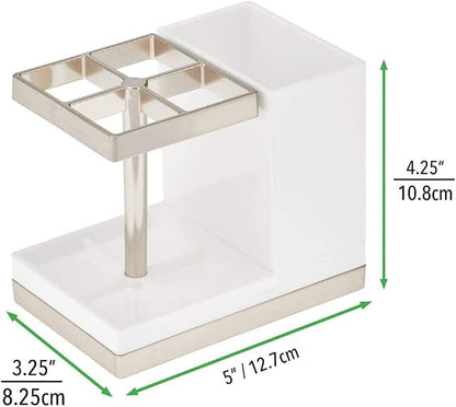 mDesign Plastic Toothbrush and Toothpaste Storage Organizer Holder - Home Decor for Bathroom Countertop - Holds Toiletries and Beauty Accessories - Lumiere Collection - White/Brushed