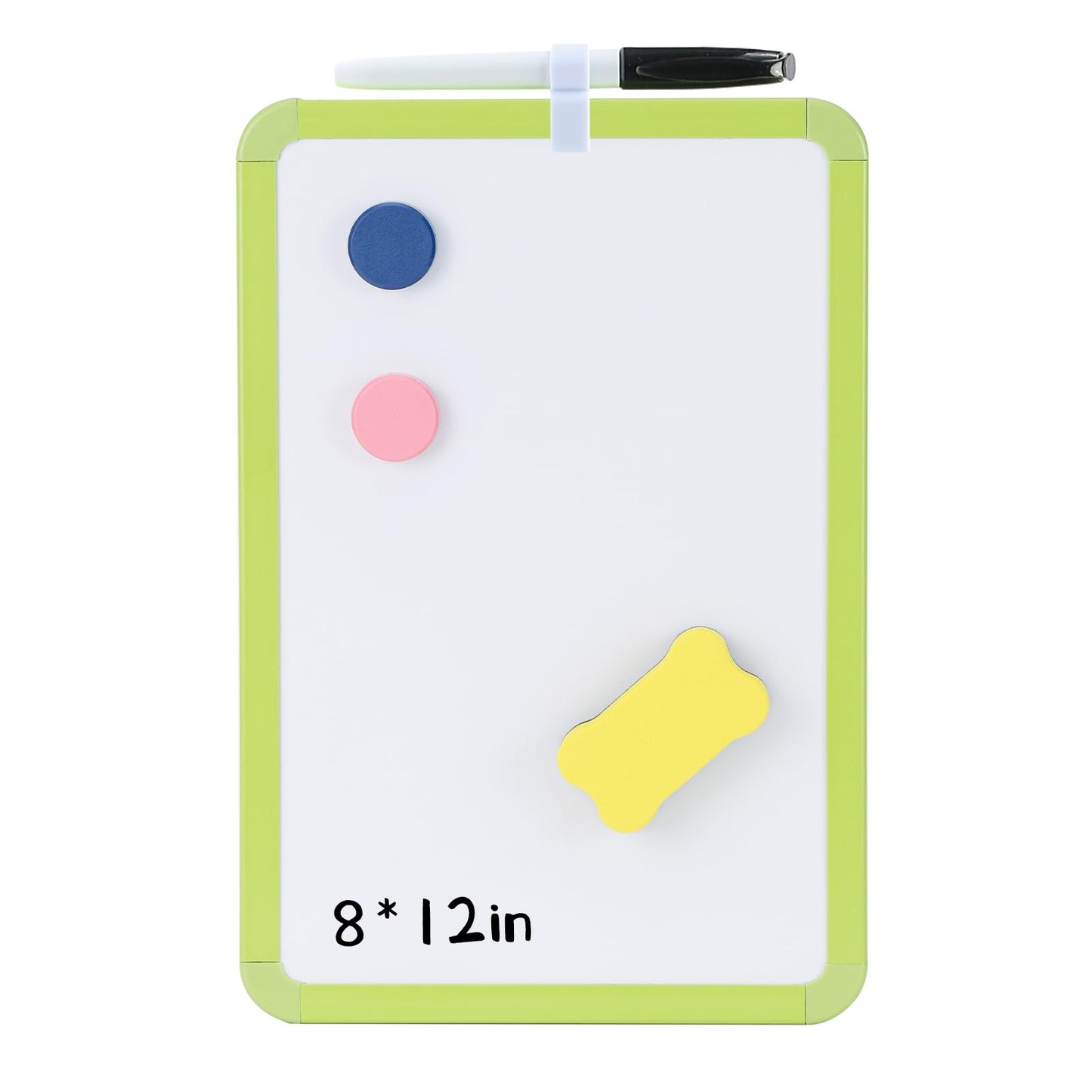 MXG Double Sided Dry Erase Board, 8x12 Inch Portable Small White Board with Green Frame, Handheld Whiteboard for Desk, Fridge, Wall, Door, Includes Marker, Eraser & Pen Holder