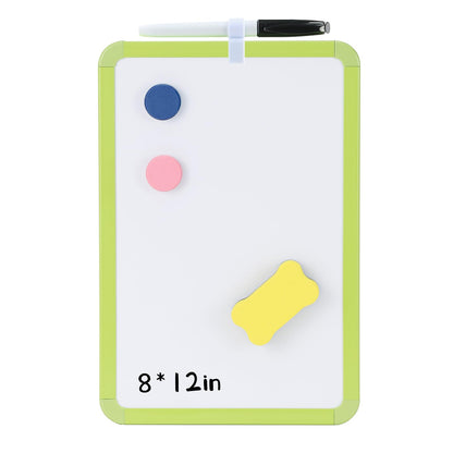 MXG Double Sided Dry Erase Board, 8x12 Inch Portable Small White Board with Green Frame, Handheld Whiteboard for Desk, Fridge, Wall, Door, Includes Marker, Eraser & Pen Holder