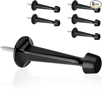 6 Pack Solid Rigid Door Stops - Heavy Duty Door Stoppers Wall Protector with Soft Rubber Tips, Black