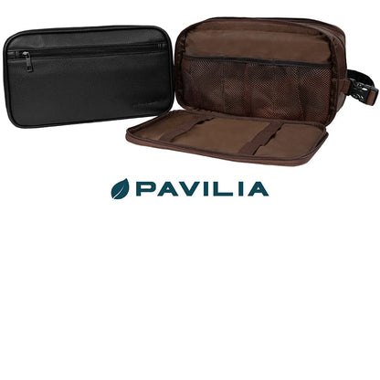 PAVILIA Toiletry Bag for Men, Travel Toiletries Bag | Water-resistant Dopp Kit, PU Leather Shaving Pouch Organizer for Accessories, Cosmetic, Hygiene, Grooming Essentials (Dark Brown)