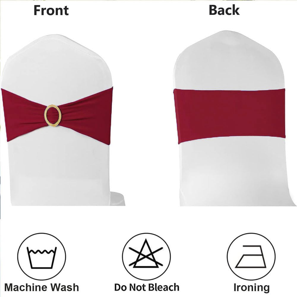MAGTOWNE Burgundy Chair Sashes 50 Pack with Gold Buckle Slider, Spandex Wine Red Chair Bands Bows for Folding Chairs Wedding Party Banquet Décor