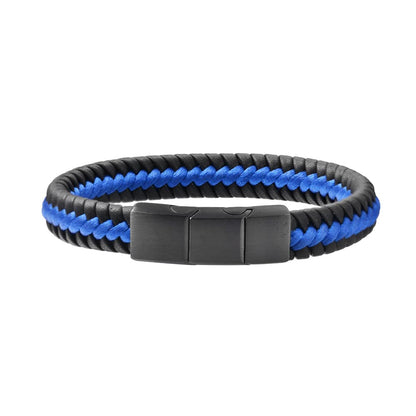 Magna Steel Men's Braided Genuine Leather Cord Bracelet (Navy Blue)