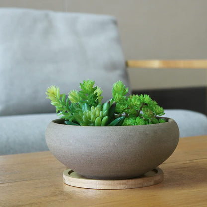 MUZHI Round Unglazed Ceramic Bonsai Pot with Bamboo Tray, Large Rough Pottery Succulent Planter with Drainage Hole 8 inch … (8”)