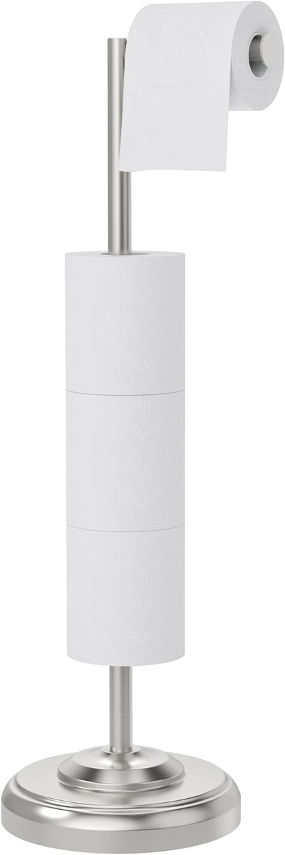 Toilet Paper Holder Stand with Storage – 4 Extra Rolls –Brushed Nickel Toilet Paper Holder for Bathroom – Sturdy Base, Classic Retro Style, Space-Saving Bathroom Storage Organizer, Sliver