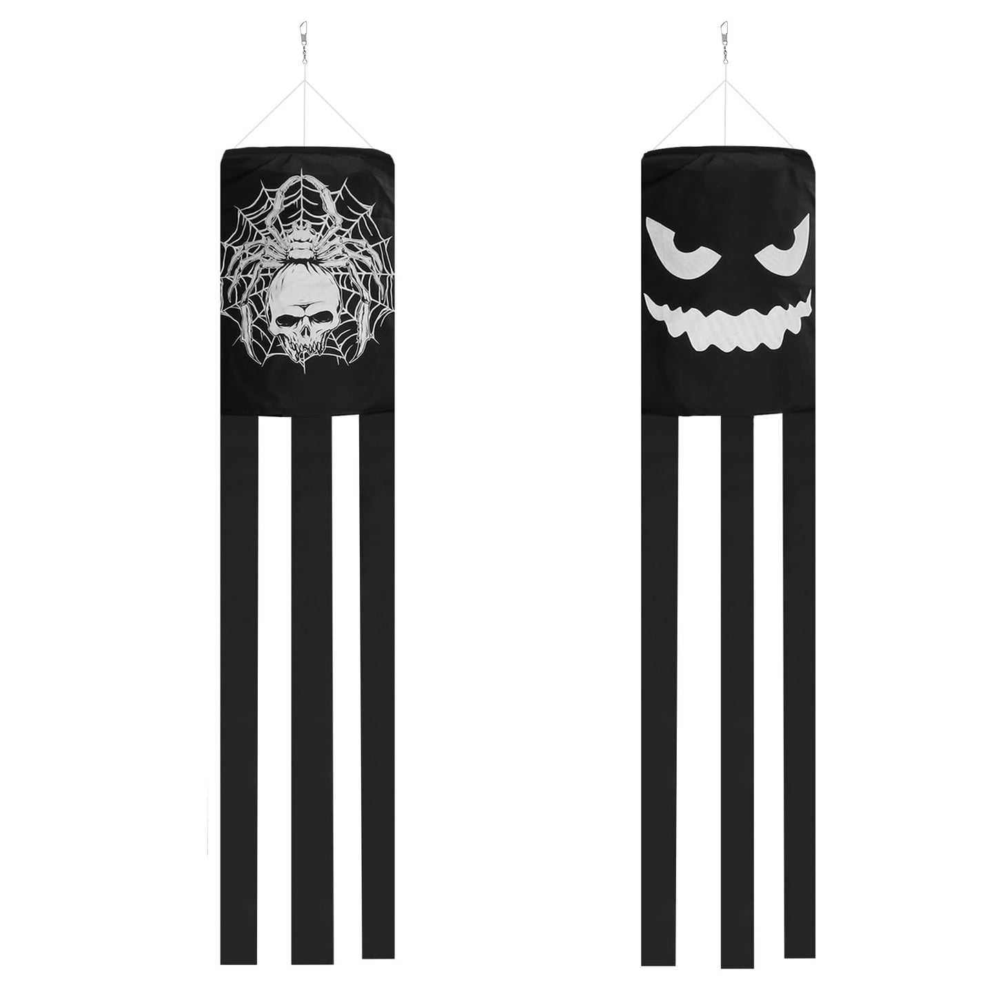 Luminous Halloween Windsock Flag,2 Pcs Black Happy Halloween Skull Spider Evil Face Outdoor Hanging Decoration Fluorescent Holiday Windsocks for Garden Patio Lawn Front Yard Tree Party Decor
