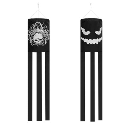 Luminous Halloween Windsock Flag,2 Pcs Black Happy Halloween Skull Spider Evil Face Outdoor Hanging Decoration Fluorescent Holiday Windsocks for Garden Patio Lawn Front Yard Tree Party Decor