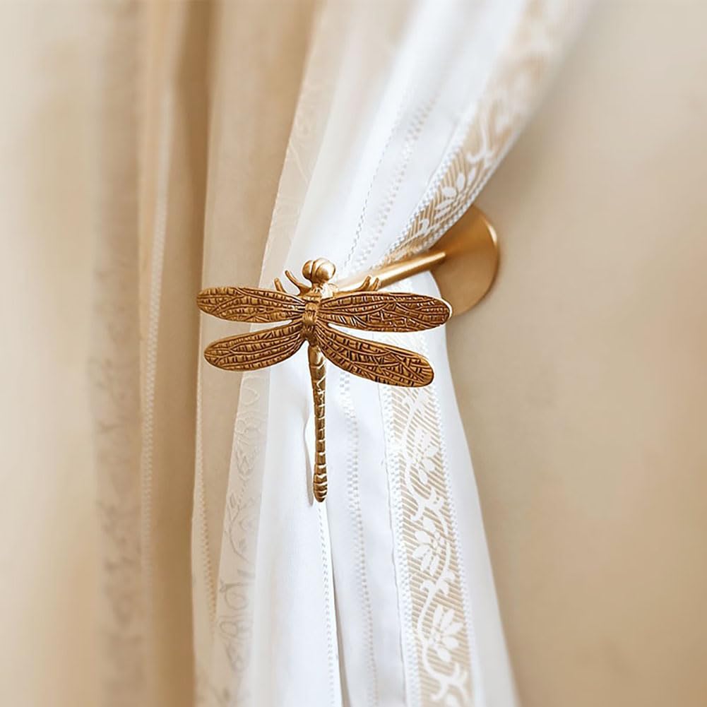 QIIODATD Brass Curtain Holdbacks (2 Pack) Gold Curtain Tieback Curtain Holders Backs Wall Hooks Pull Backs for Wall Mounted Home Decoration (Dragonfly)