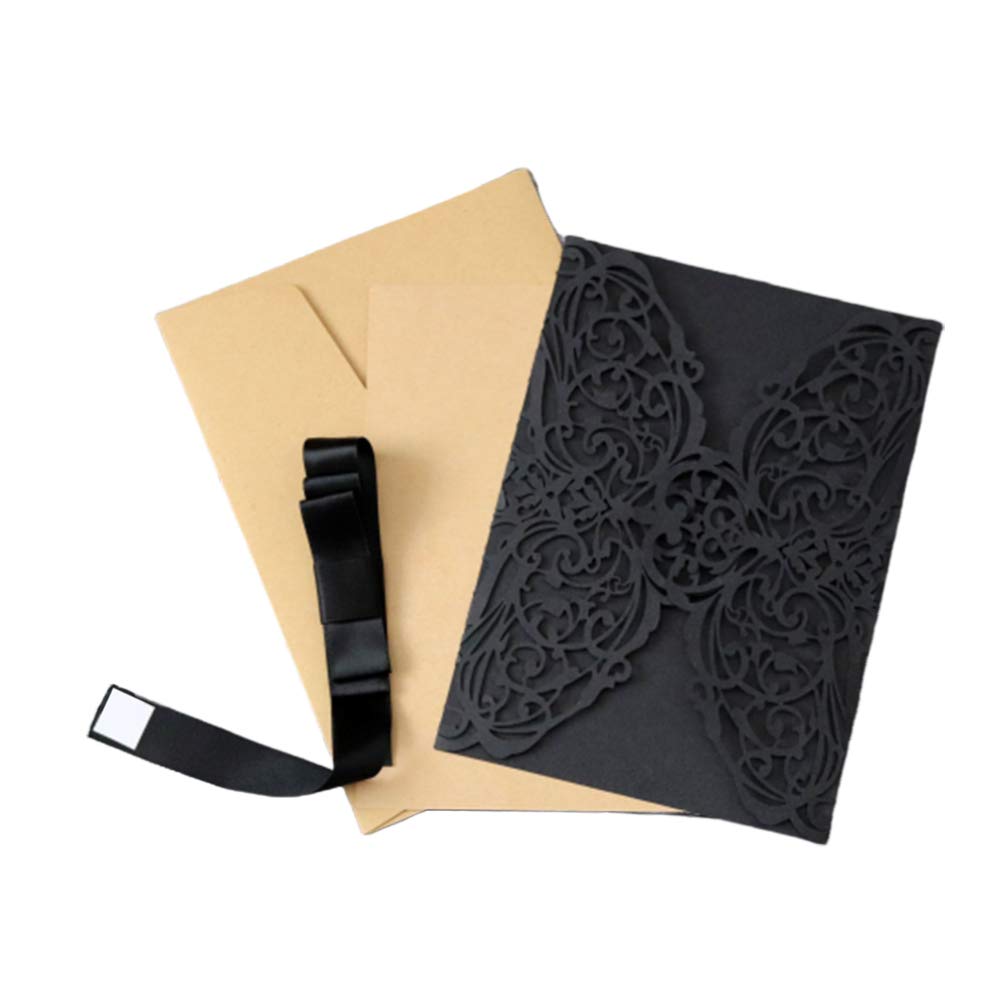 STOBOK Halloween Party Invitations - 10pcs Laser Cut Invitation Cards with Envelopes and Bowknots - Black Hollow Card Kits for Horror Party Supplies Weddings Baby Showers Event Celebrations 7.1x4.9in